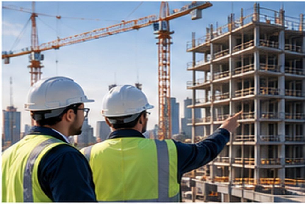 Two experts in hard hats reviewing a high-rise under construction