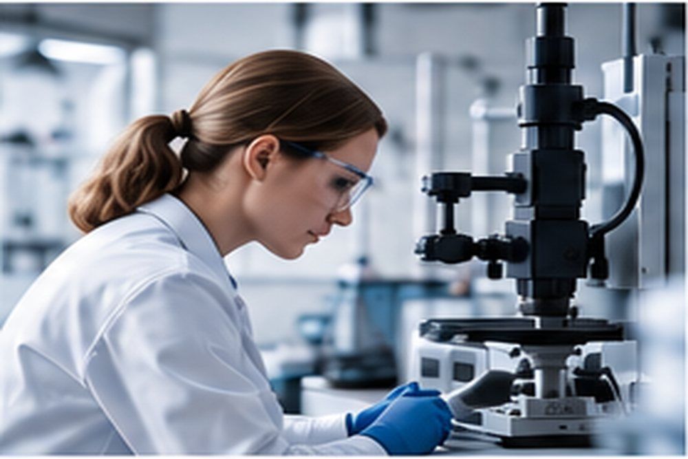 Researcher working at a microscope in a laboratory