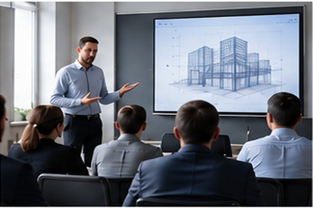 Trainer presenting a building model to a group of professionals