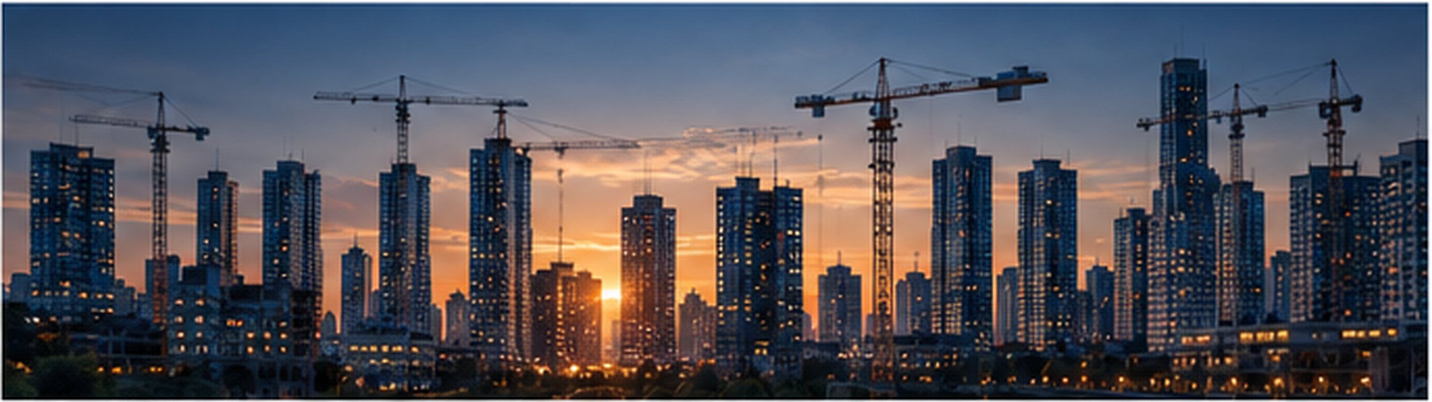 City skyline with construction cranes at sunset