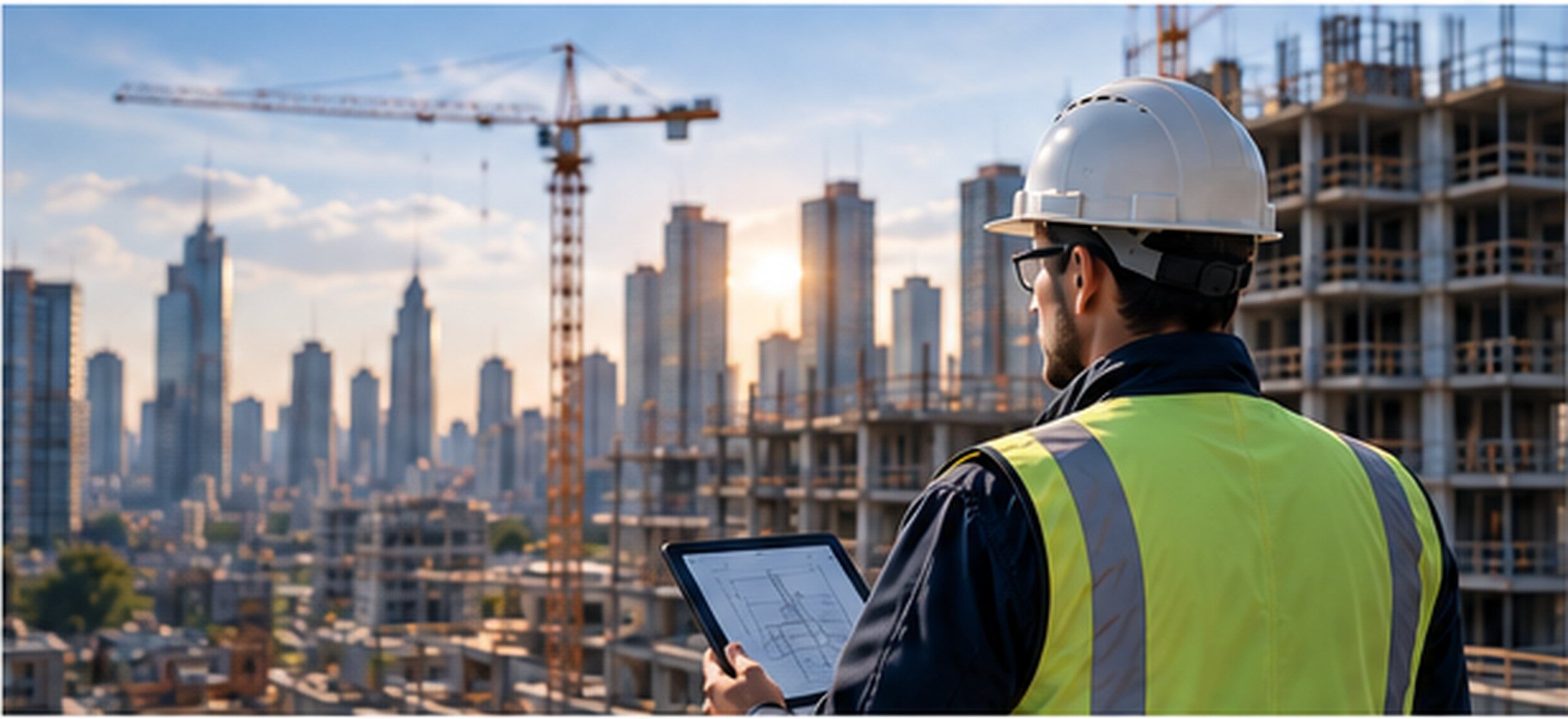 Engineer with tablet on a high-rise construction site